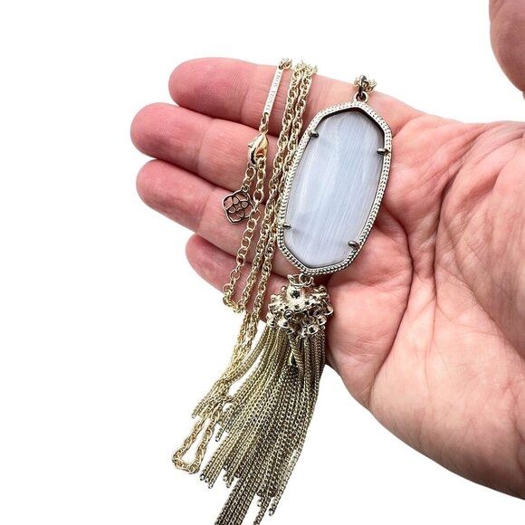 Kendra Scott Rayne Necklace Gold Tone Grey Slate Cats Eye Tassle Pendant - Picture 4 of 5